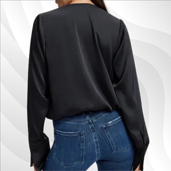 2/$50 Good American Black Satin Faux Wrap Long Sleeve Blouse Size 6 - Picture 2 of 8